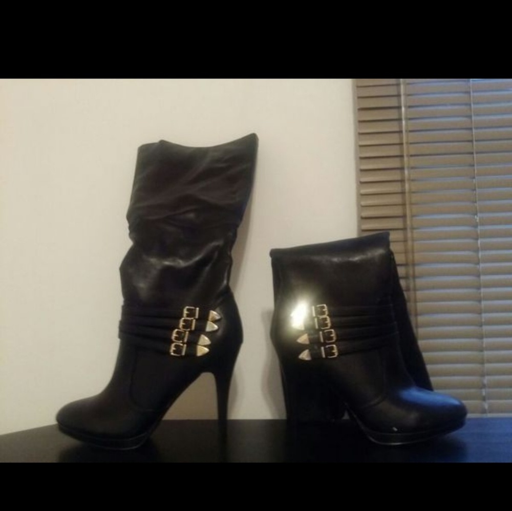 Knee high boots with gold buckles